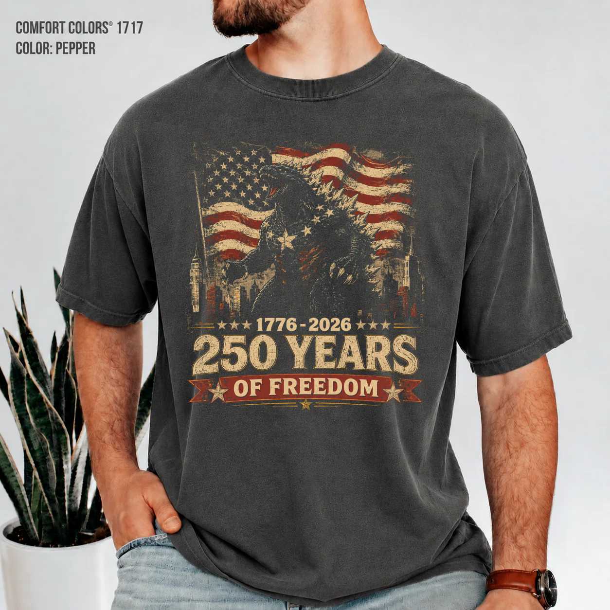 250 Years of Freedom Vintage Distressed Monster T-Shirt Patriotic America 1776 2026 Independence Day Graphic Tee