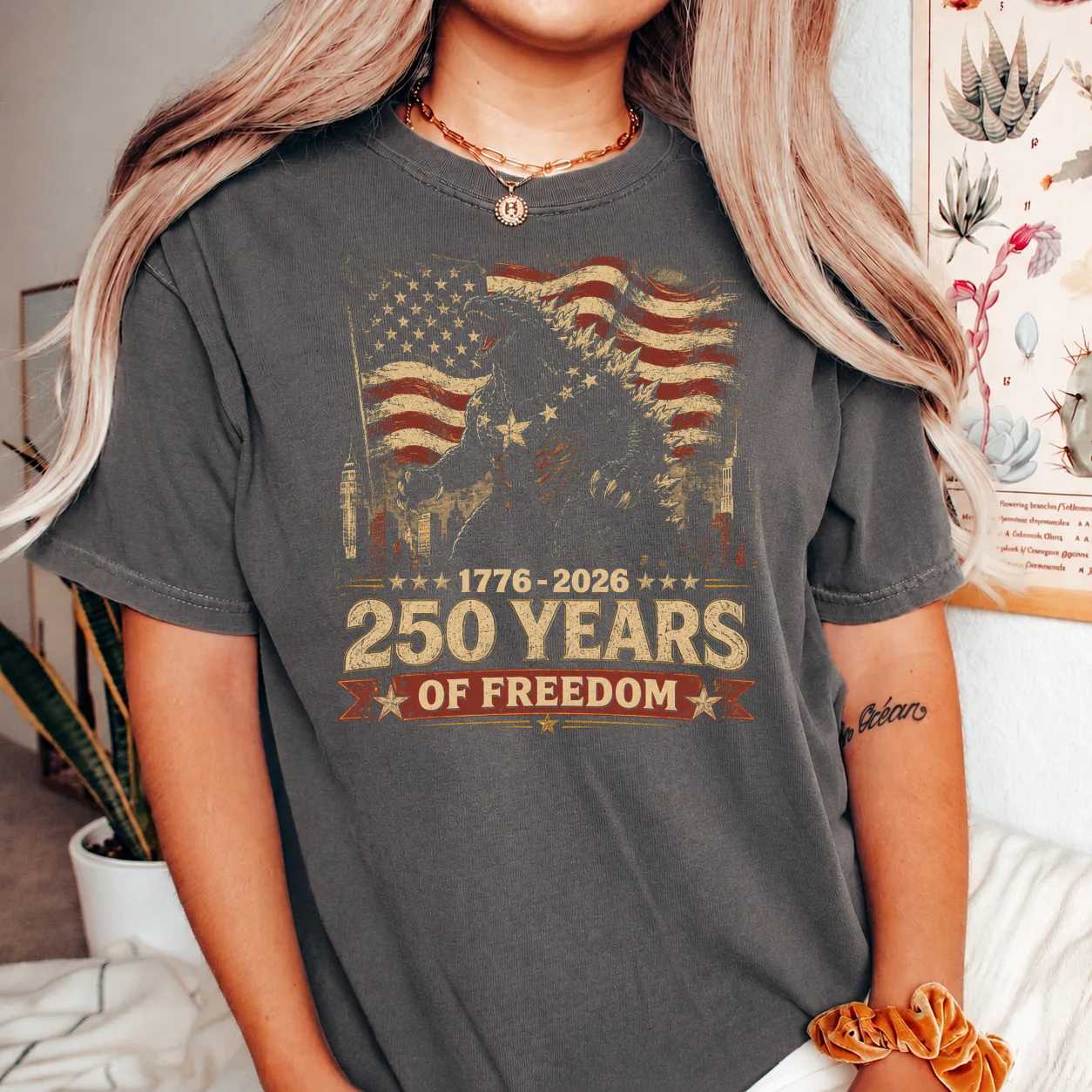 250 Years of Freedom Vintage Distressed Monster T-Shirt Patriotic America 1776 2026 Independence Day Graphic Tee