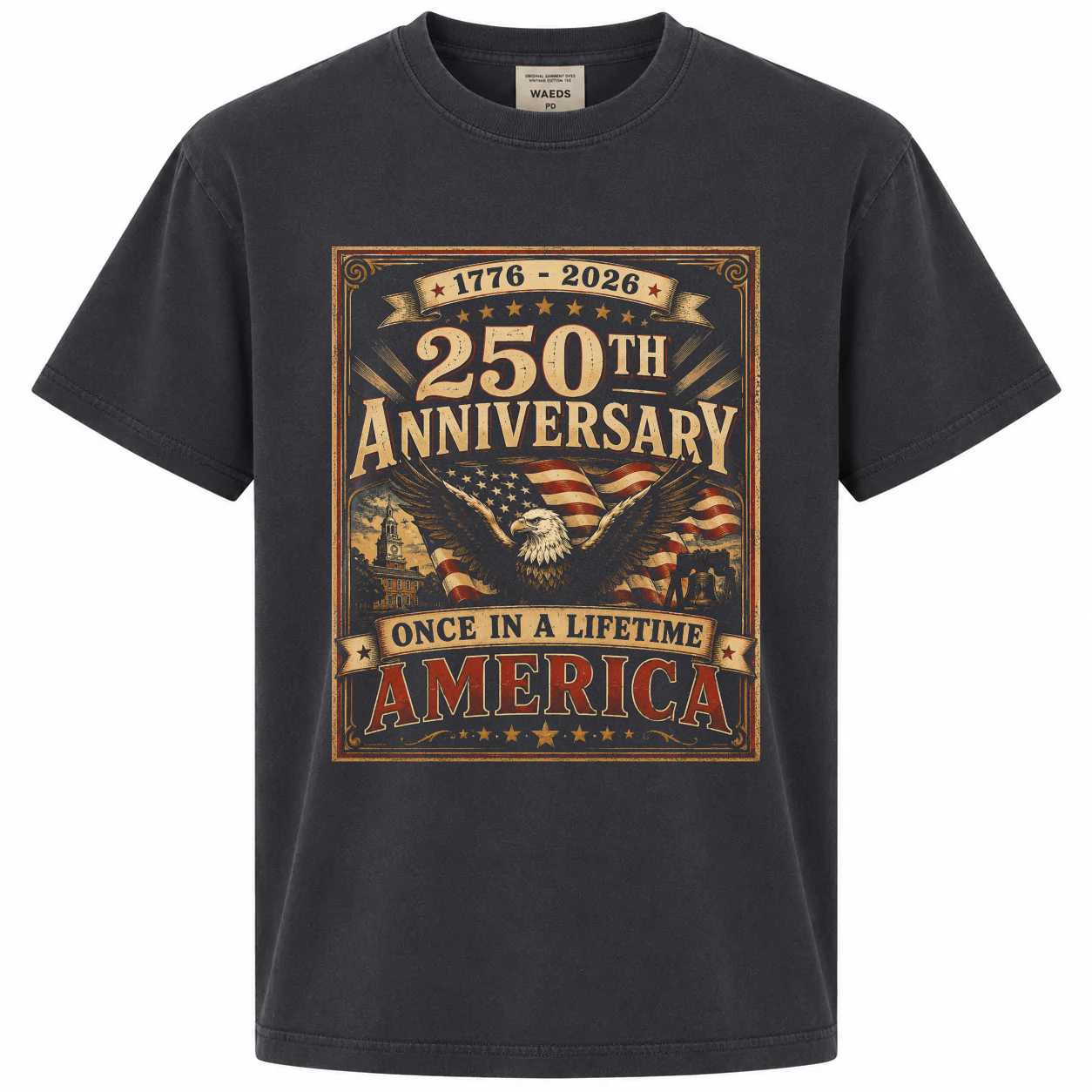 America 250 Anniversary Historic Americana Poster T-Shirt, 1776-2026 Once in a Lifetime Patriotic Graphic Tee