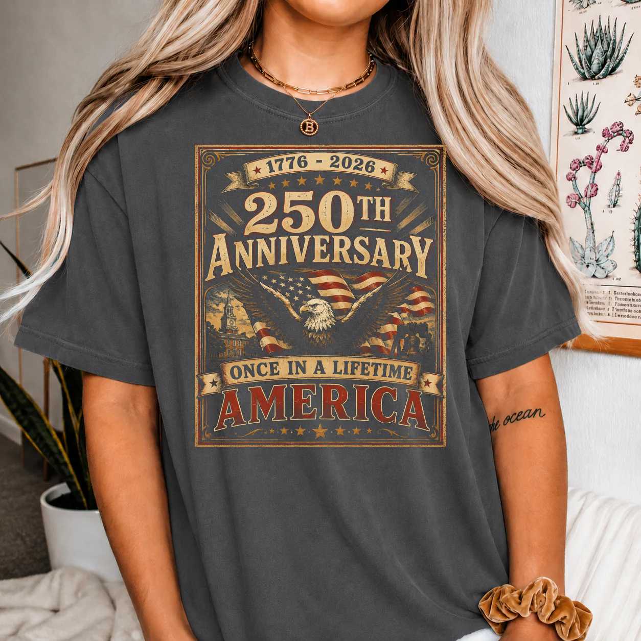 America 250 Anniversary Historic Americana Poster T-Shirt, 1776-2026 Once in a Lifetime Patriotic Graphic Tee
