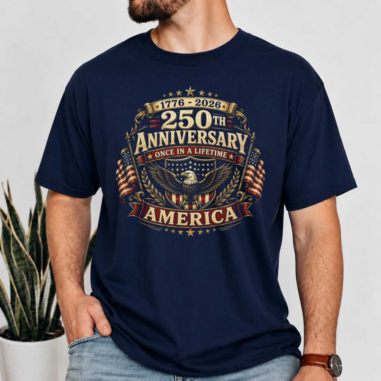 America 250 Anniversary Patriotic Crest T-Shirt, 1776-2026 Once in a Lifetime Stars and Stripes Graphic Tee