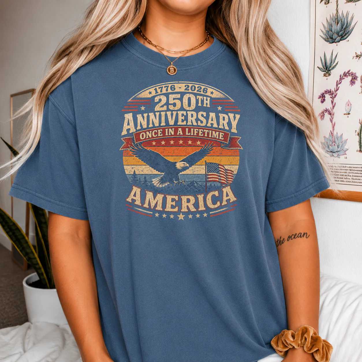 America 250 Anniversary Retro Sunset T-Shirt, Patriotic 1776-2026 Once in a Lifetime Celebration Graphic Tee
