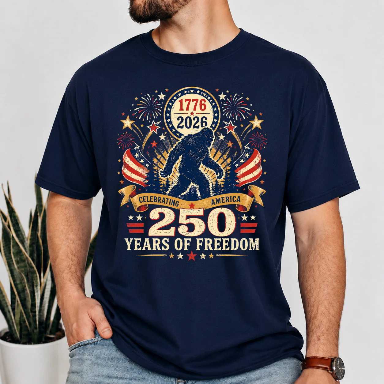 America 250 Celebration T-Shirt Patriotic Bigfoot Freedom Anniversary USA Graphic Tee