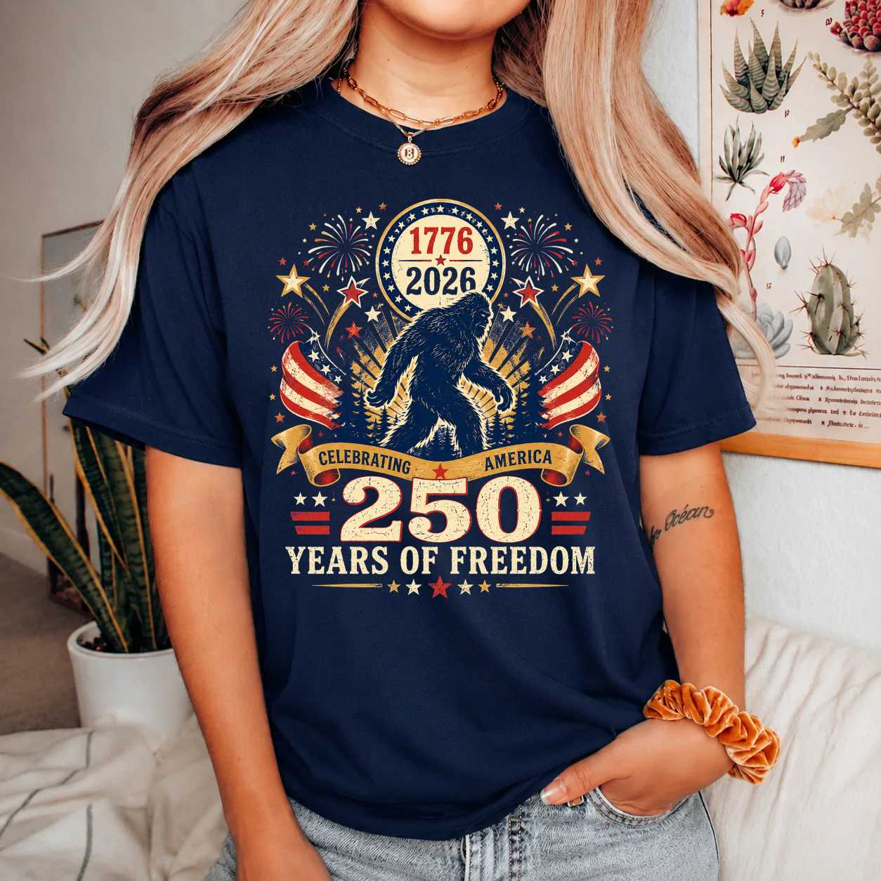 America 250 Celebration T-Shirt Patriotic Bigfoot Freedom Anniversary USA Graphic Tee