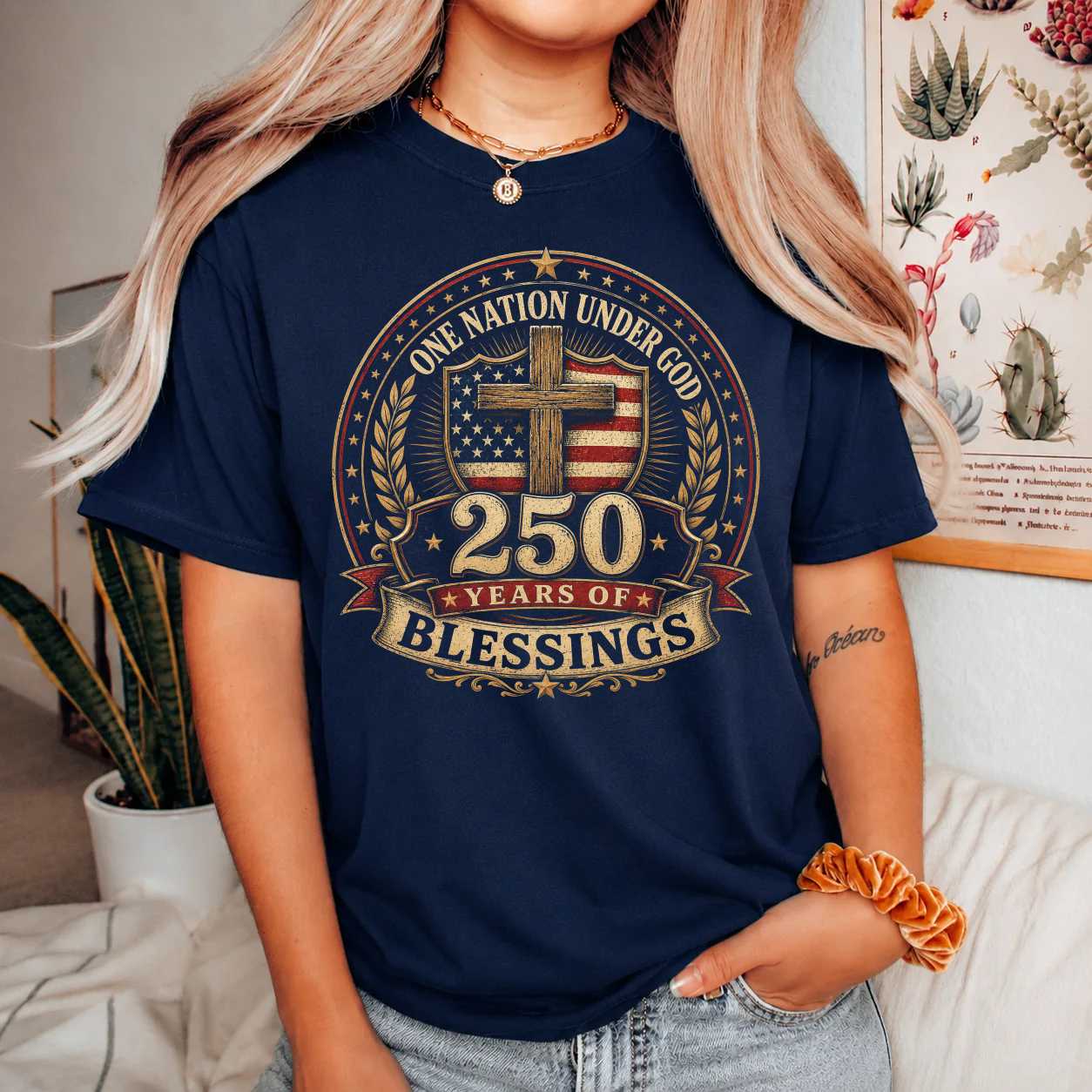 America 250 Christian Shirt One Nation Under God Heritage Anniversary Badge Graphic T-Shirt