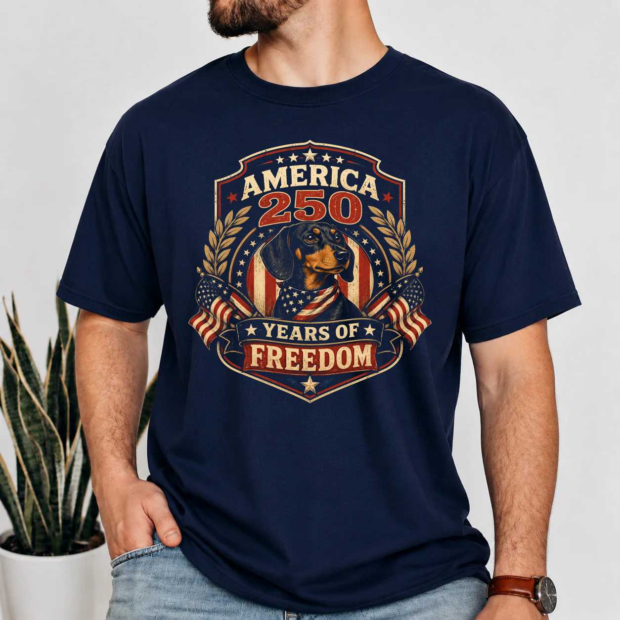 America 250 Dachshund Shirt Patriotic Freedom Badge T-Shirt Dog Lover Independence Day Graphic Tee