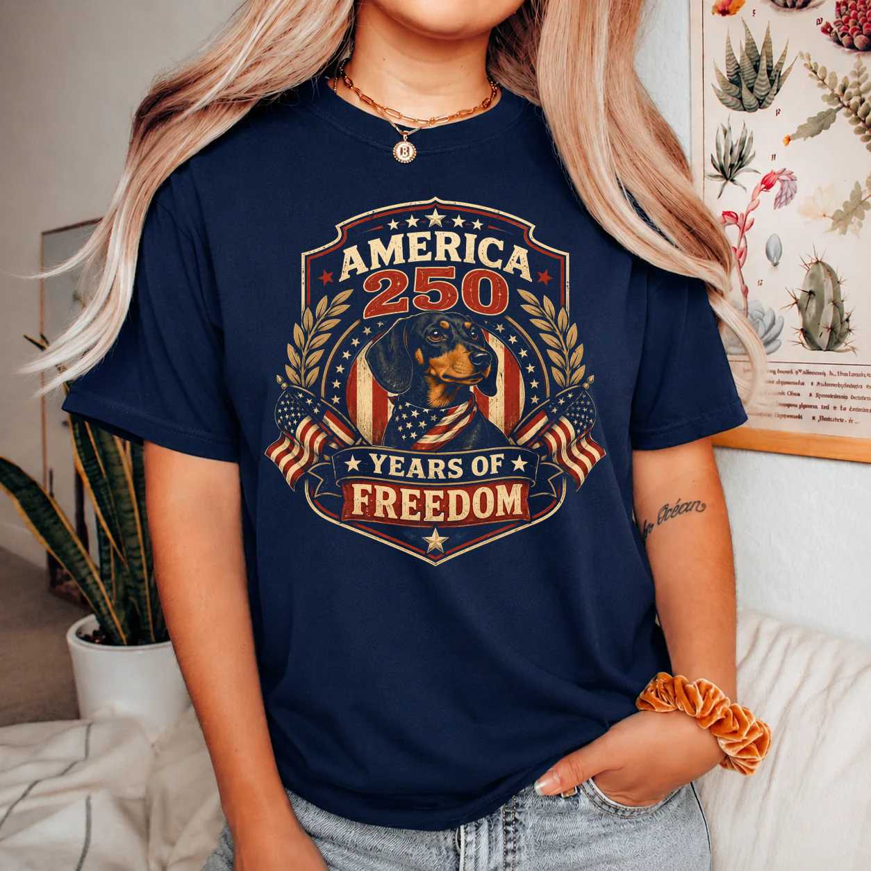 America 250 Dachshund Shirt Patriotic Freedom Badge T-Shirt Dog Lover Independence Day Graphic Tee