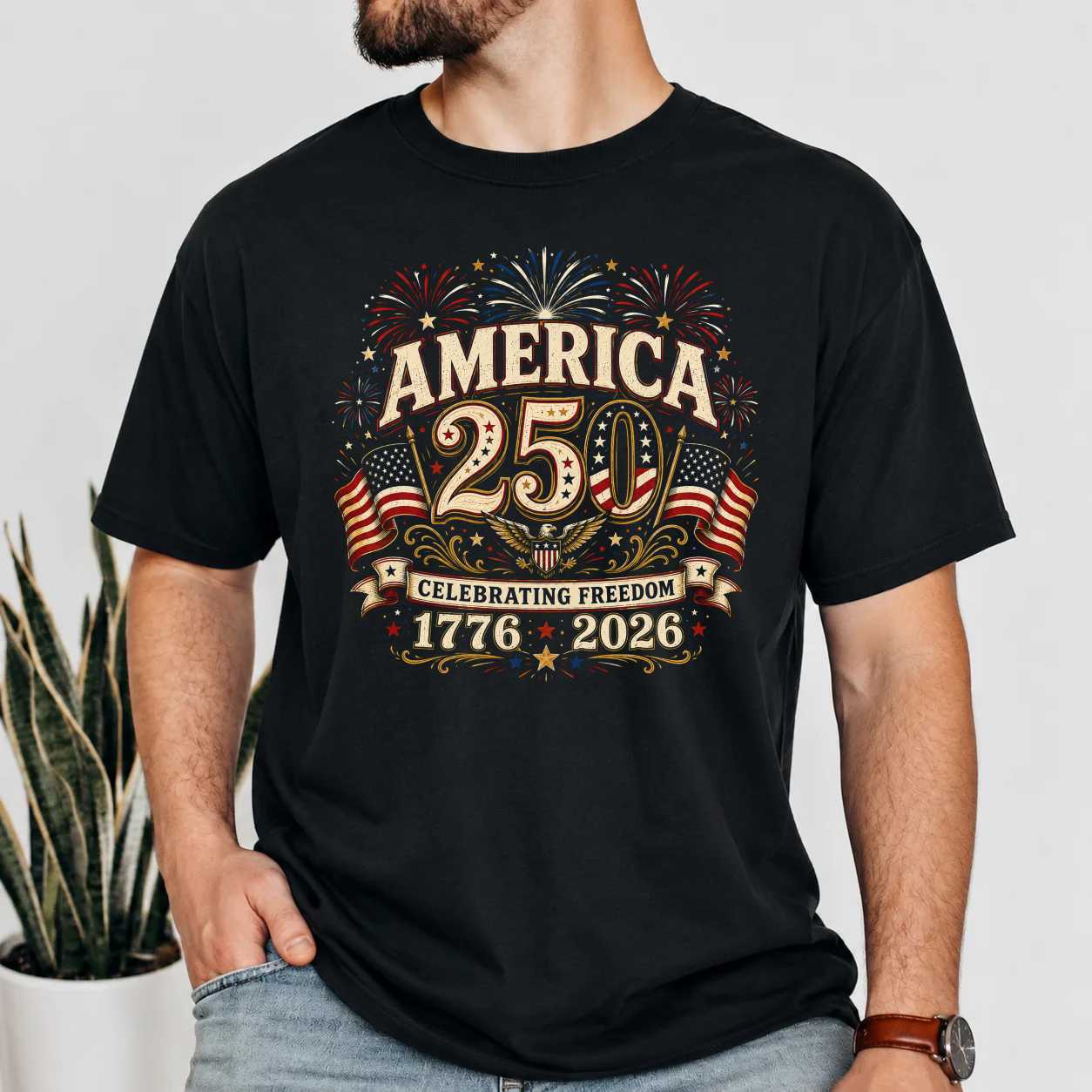 America 250 Fireworks T-Shirt Patriotic Freedom Celebration USA Anniversary 1776-2026 Graphic Tee
