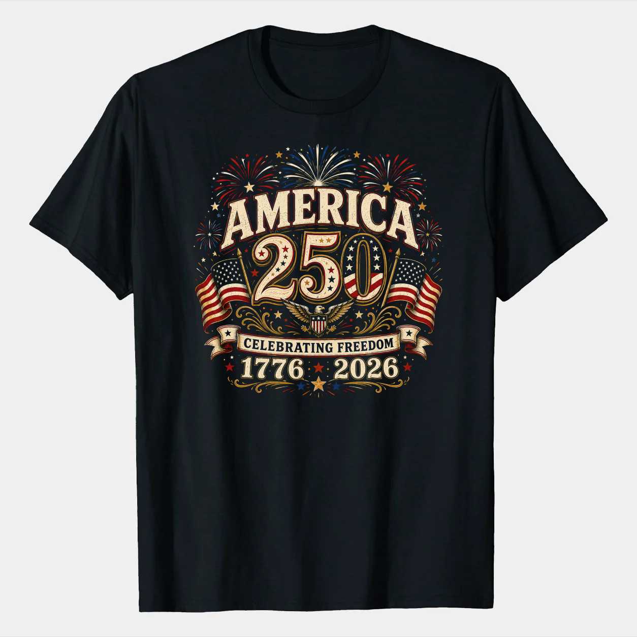 America 250 Fireworks T-Shirt Patriotic Freedom Celebration USA Anniversary 1776-2026 Graphic Tee