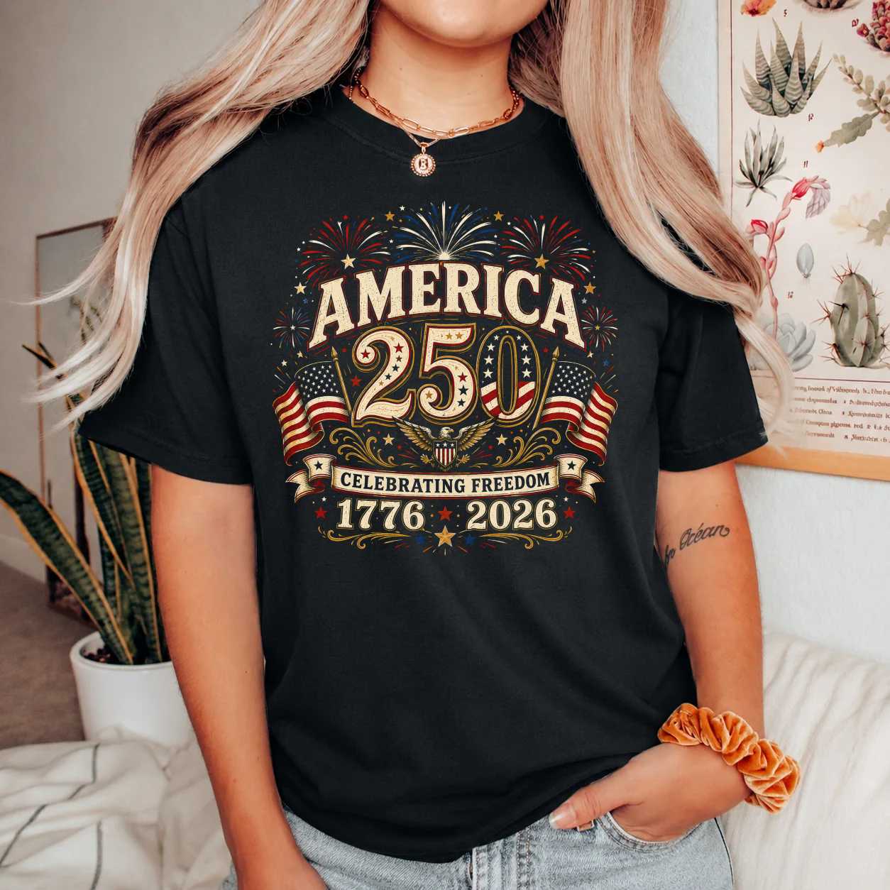 America 250 Fireworks T-Shirt Patriotic Freedom Celebration USA Anniversary 1776-2026 Graphic Tee