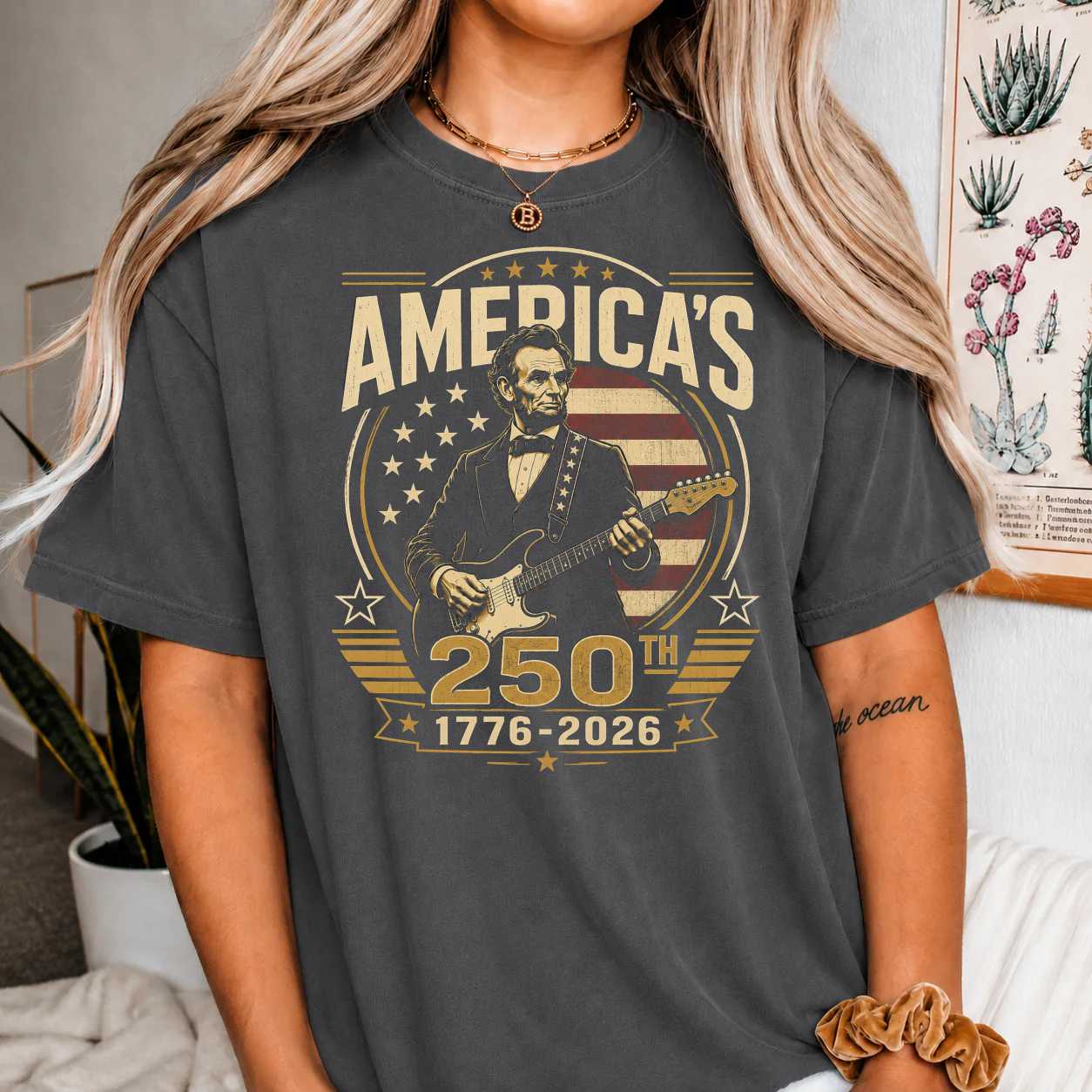 America 250 Graphic T-Shirt Modern Lincoln Guitar Independence Celebration 1776-2026 Patriotic Tee