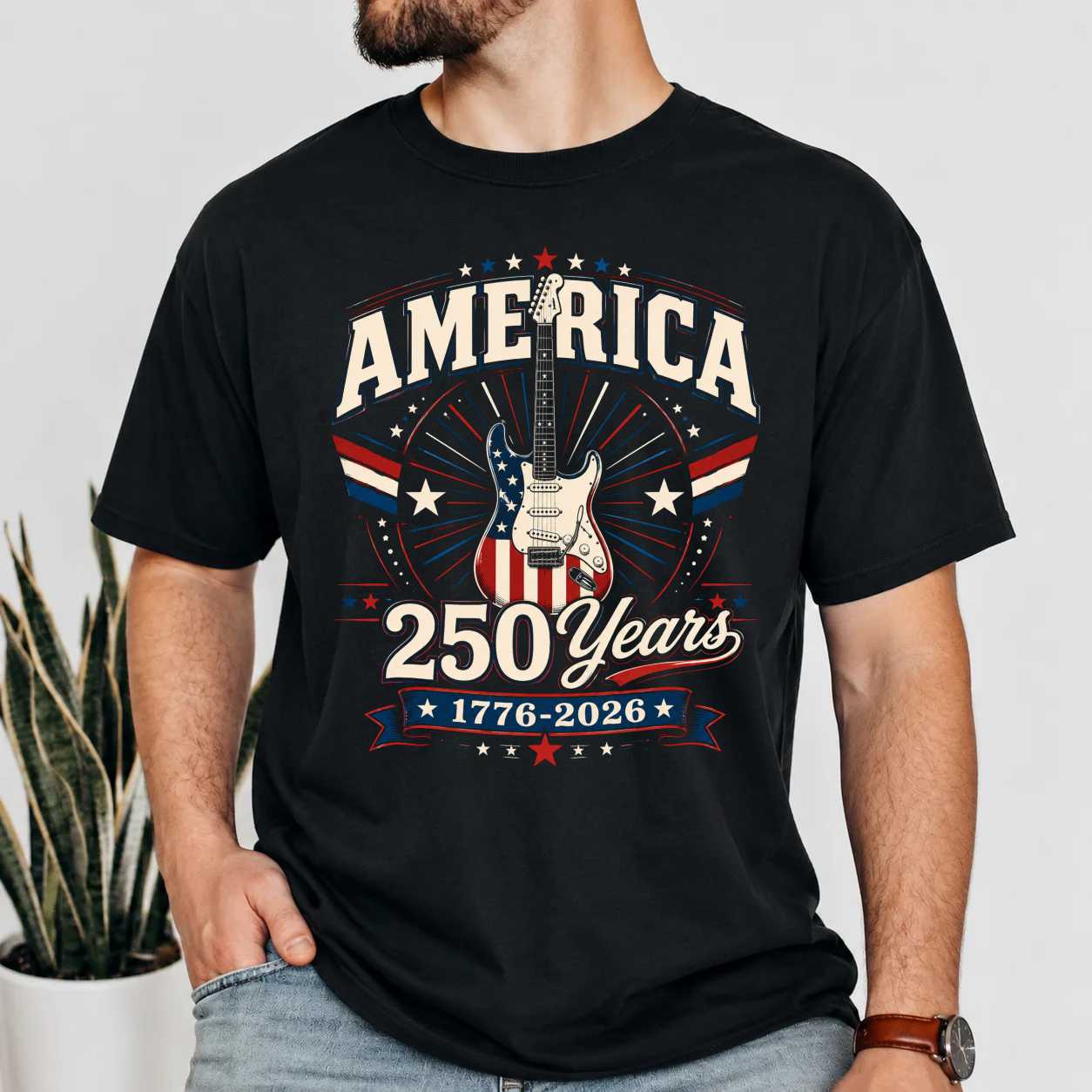 America 250 Guitar T-Shirt Modern Patriotic USA Anniversary Graphic Tee for Independence Day Celebration