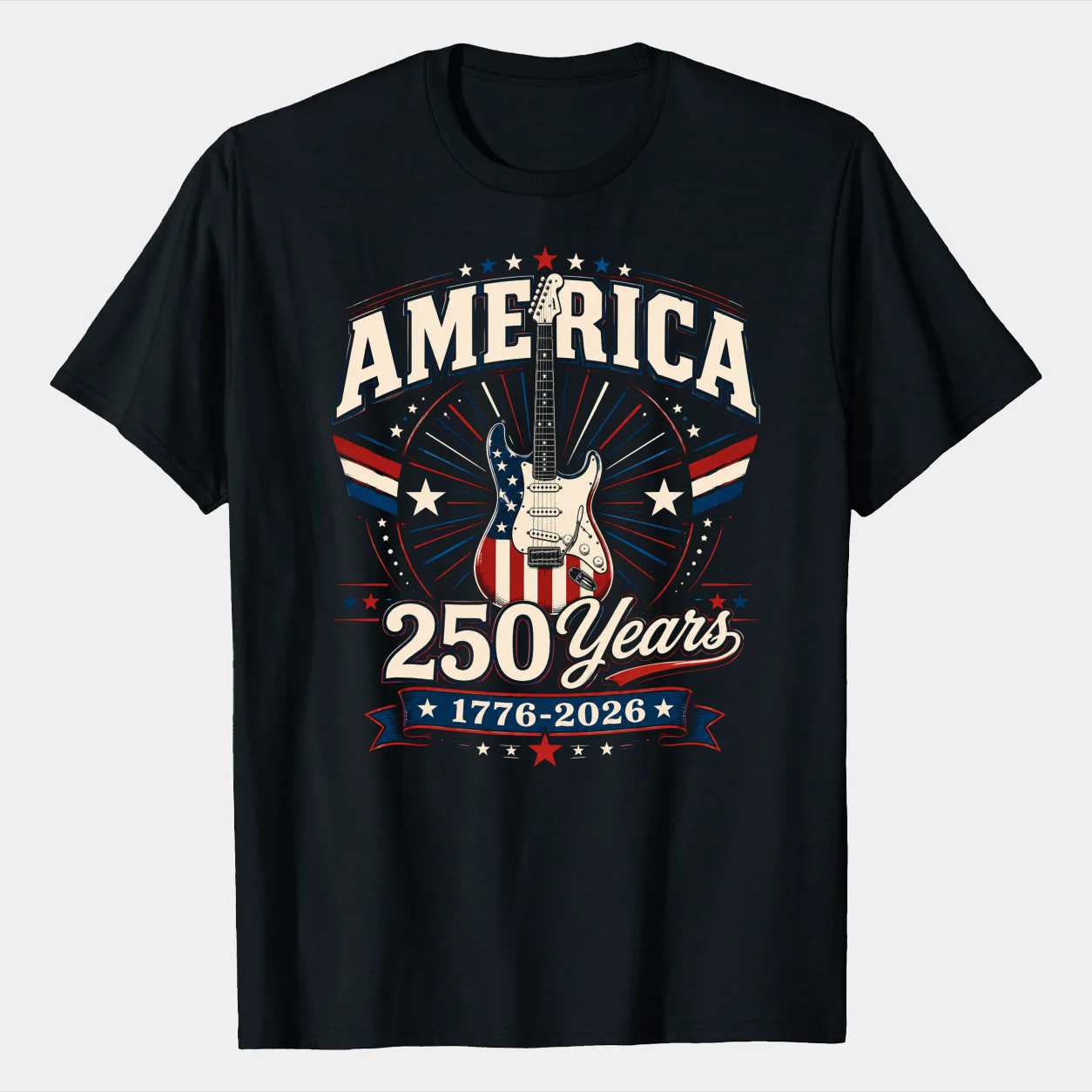 America 250 Guitar T-Shirt Modern Patriotic USA Anniversary Graphic Tee for Independence Day Celebration