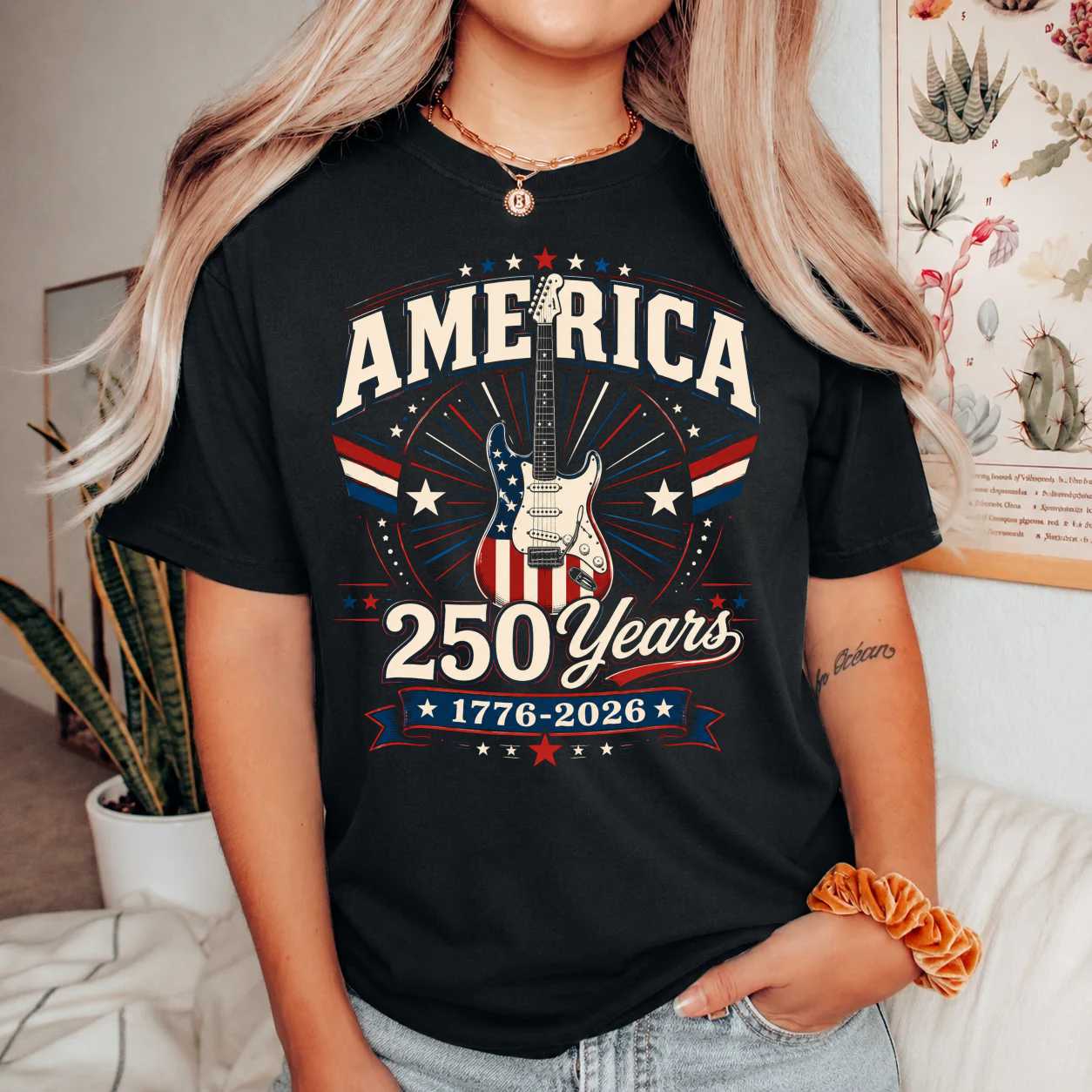 America 250 Guitar T-Shirt Modern Patriotic USA Anniversary Graphic Tee for Independence Day Celebration
