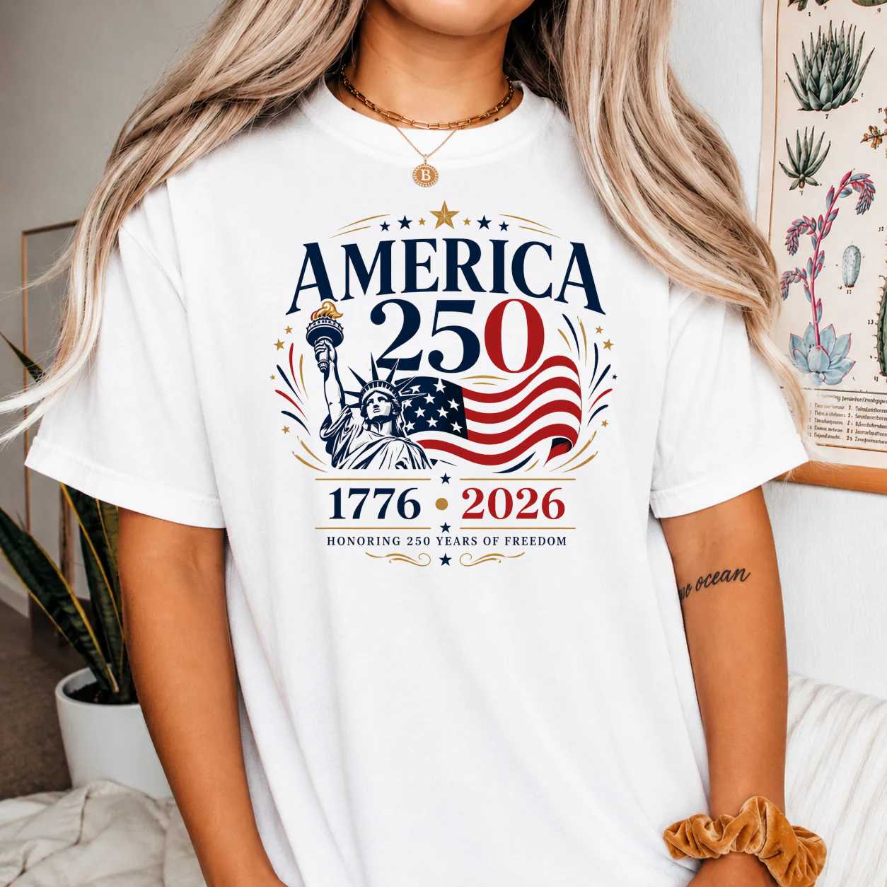 America 250 Liberty T-Shirt Modern Patriotic Flag Illustration 1776-2026 Anniversary Graphic Tee