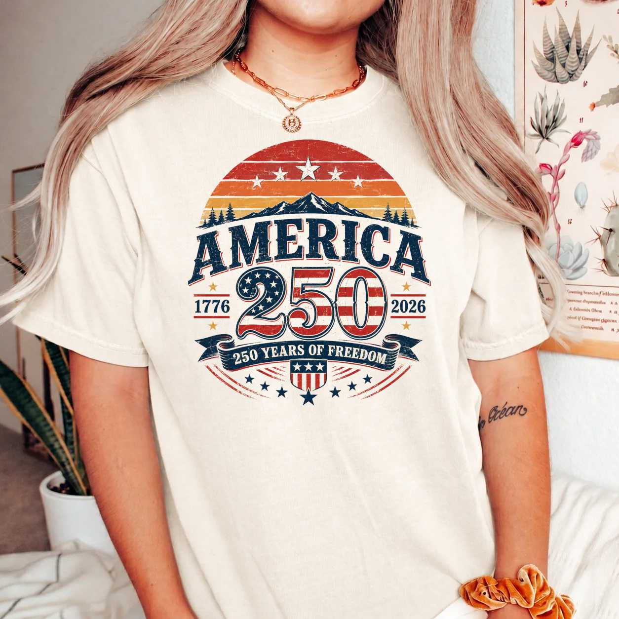 America 250 Retro Shirt Patriotic Sunset Celebration 1776 2026 USA Independence Day Graphic T-Shirt