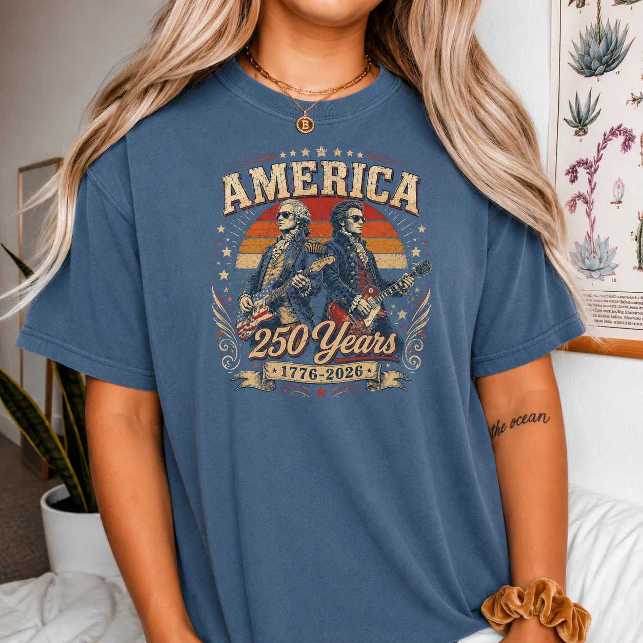 America 250 Retro Sunset Rock Band T-Shirt Patriotic USA Anniversary Graphic Tee for Independence Day