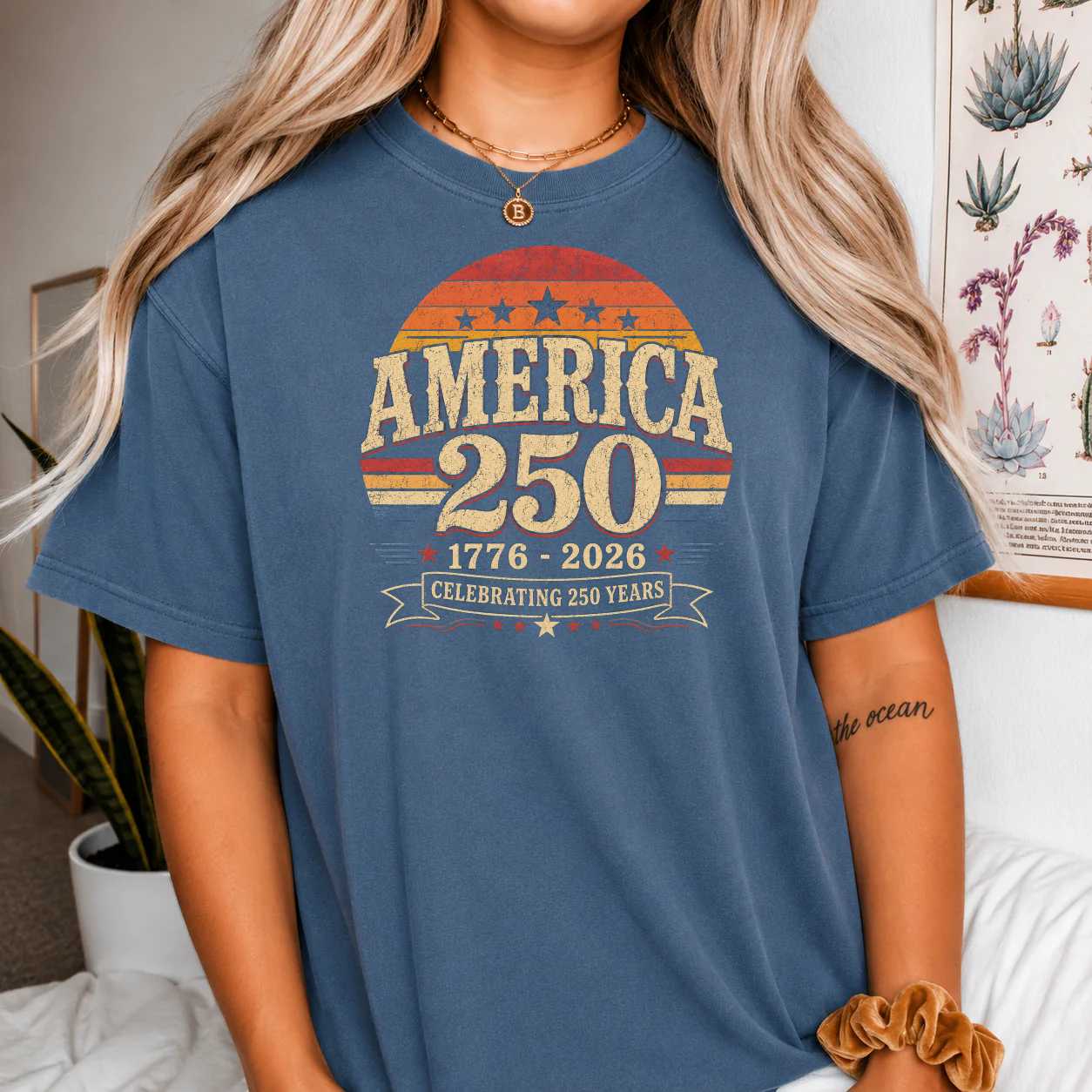 America 250 Retro Sunset T-Shirt, Patriotic 1776 2026 Anniversary Celebration Graphic Tee for Men and Women