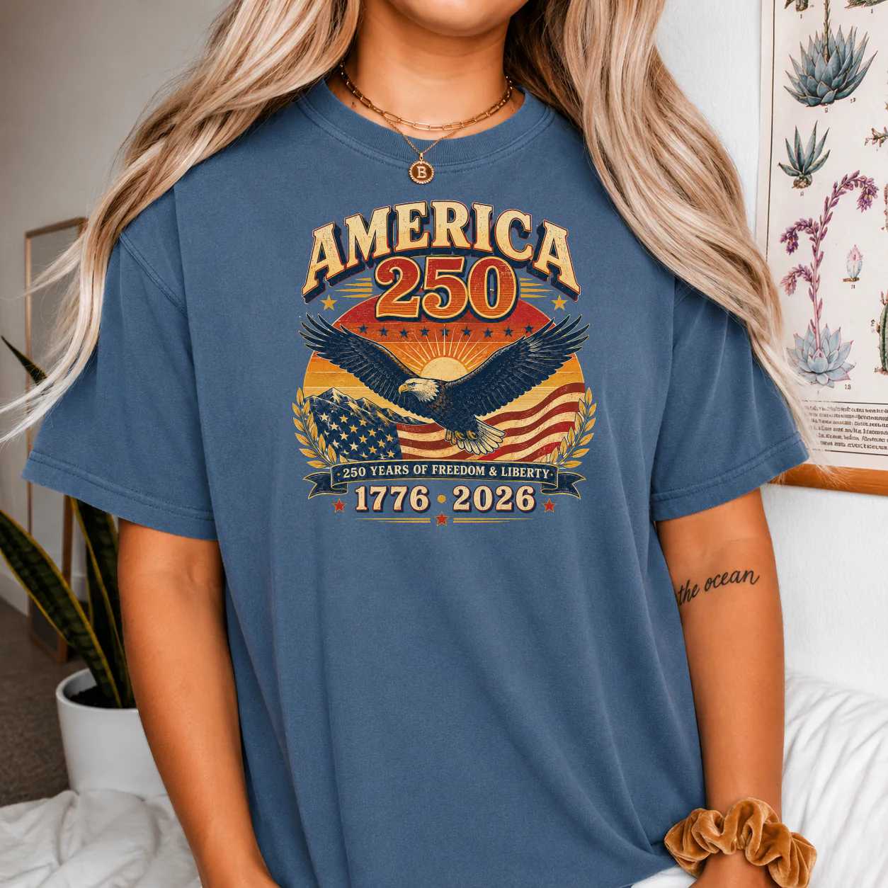America 250 Retro Sunset T-Shirt Patriotic Eagle USA Independence Anniversary 1776-2026 Graphic Tee