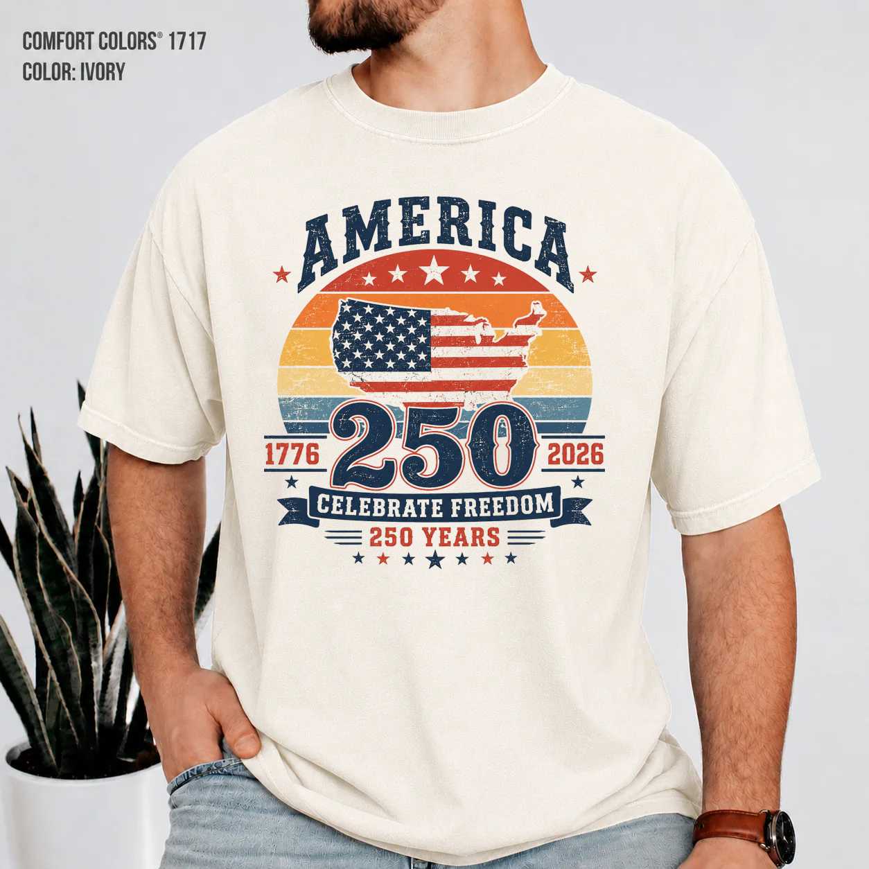 America 250 Retro Sunset T-Shirt Patriotic USA Anniversary Celebration American Flag Graphic Tee