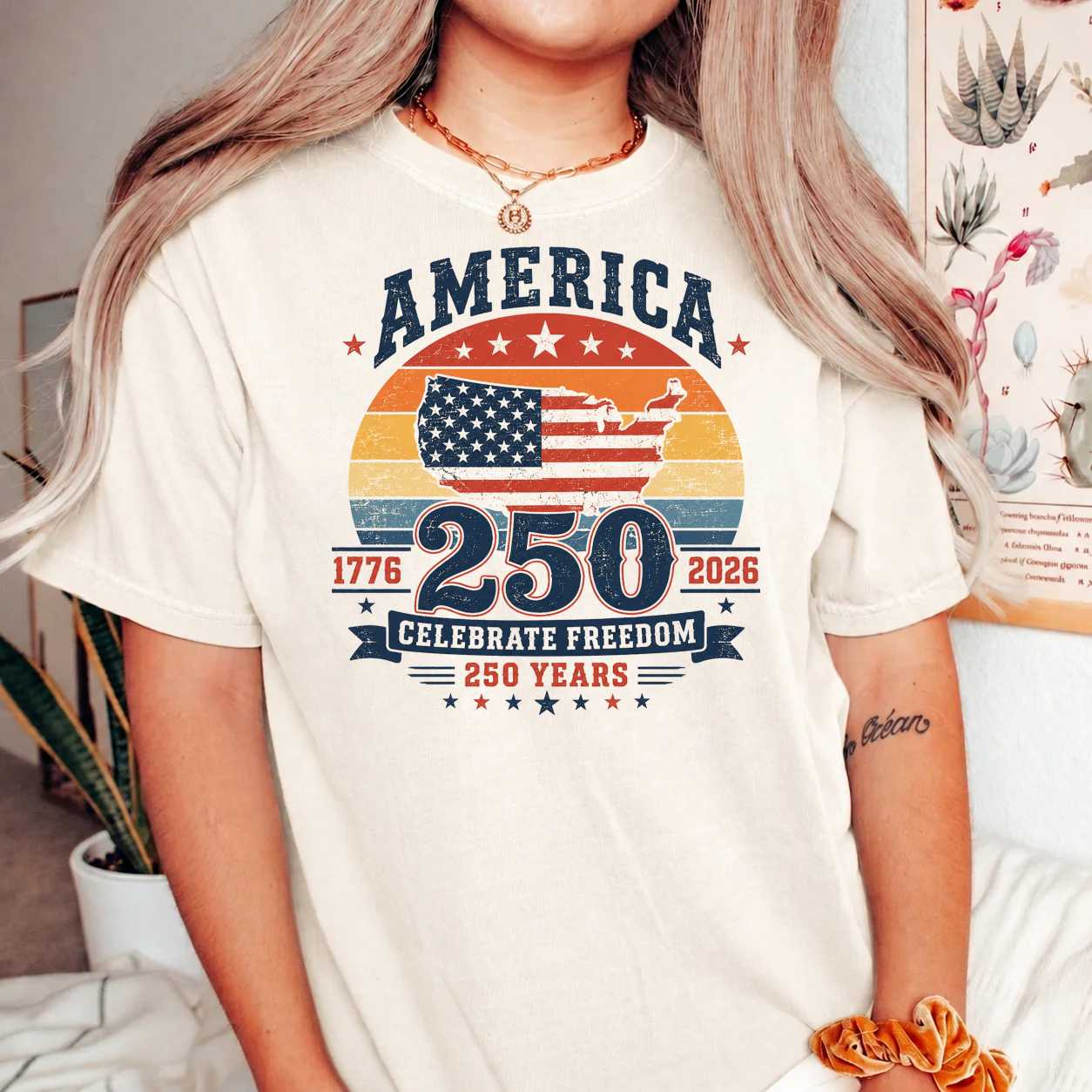 America 250 Retro Sunset T-Shirt Patriotic USA Anniversary Celebration American Flag Graphic Tee