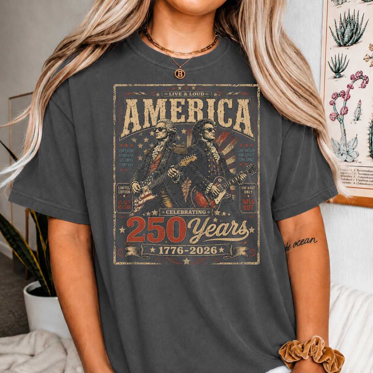 America 250 Rock Band T-Shirt Vintage Patriotic Concert Poster Graphic Tee for USA Anniversary Celebration