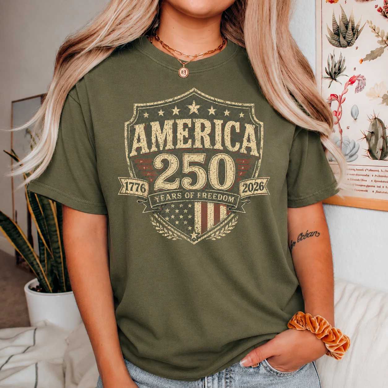 America 250 Shield Shirt Distressed Stars and Stripes Patriotic 1776 2026 USA Anniversary T-Shirt