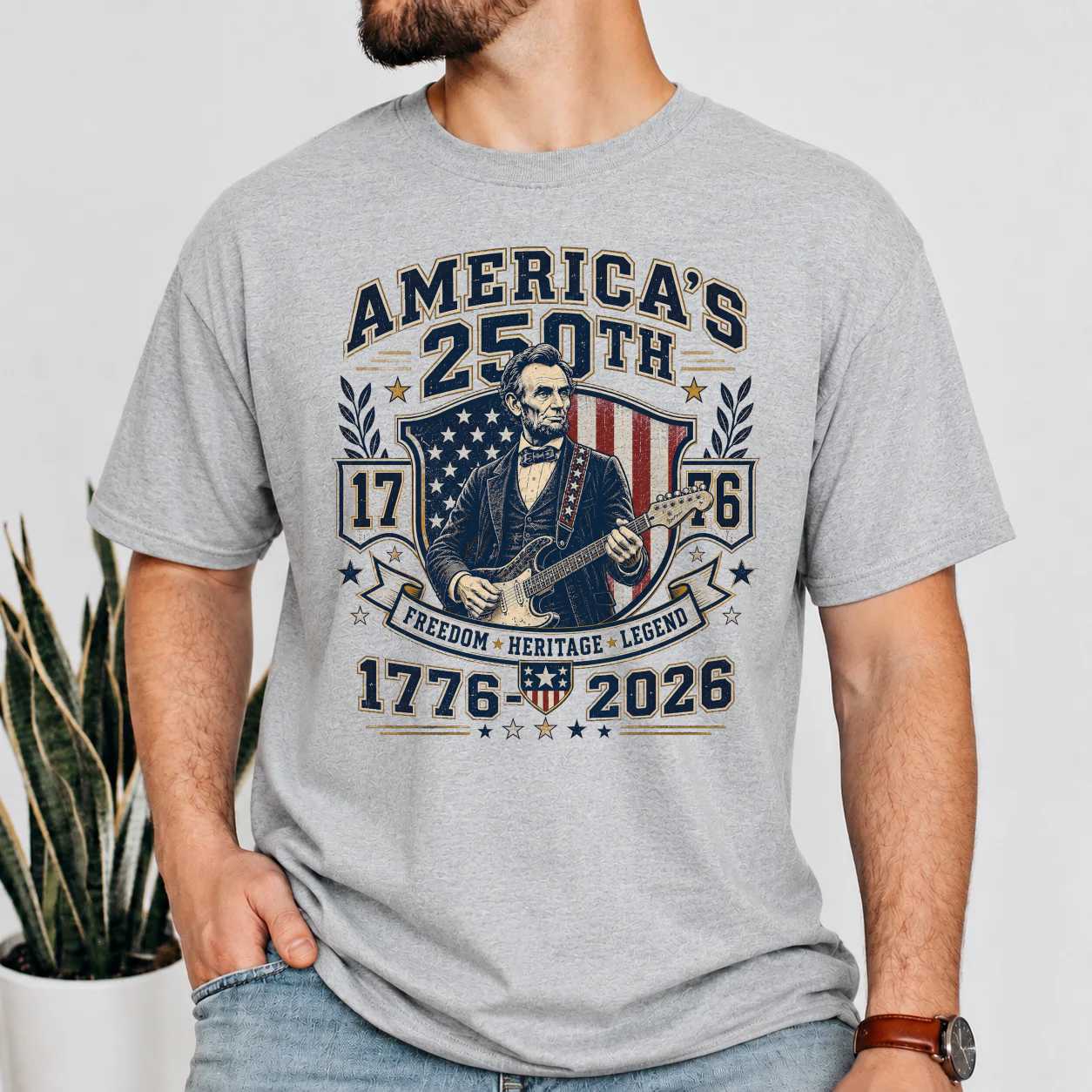 America 250 Varsity T-Shirt Patriotic Lincoln Guitar Celebration 1776-2026 Collegiate Heritage Graphic Tee