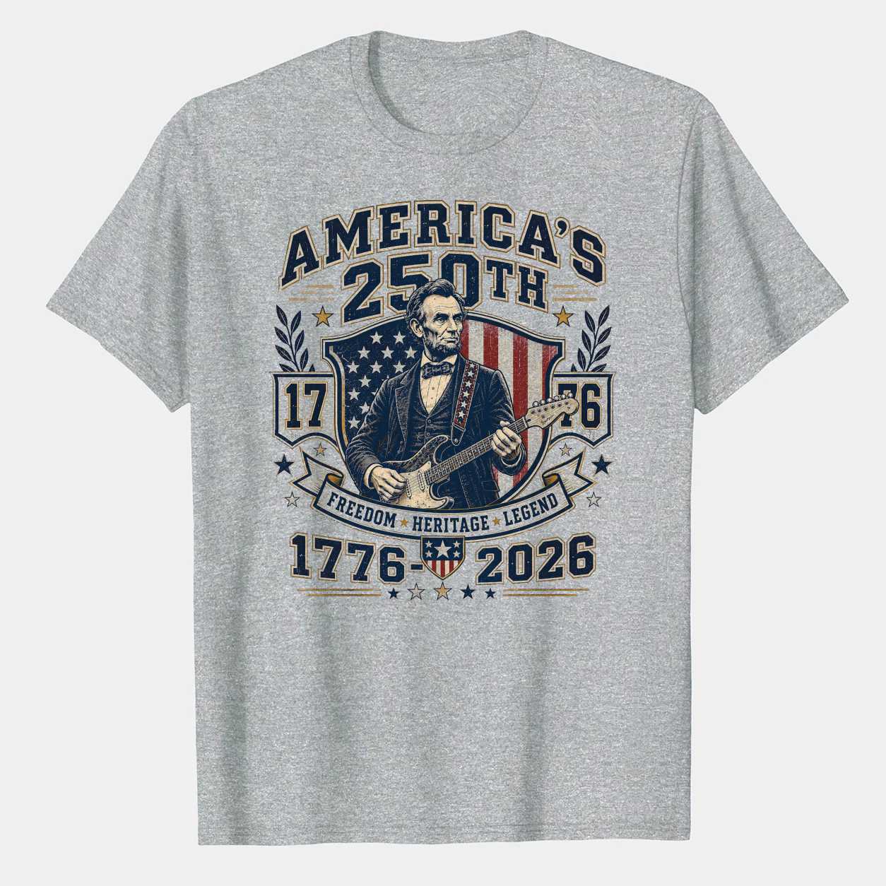 America 250 Varsity T-Shirt Patriotic Lincoln Guitar Celebration 1776-2026 Collegiate Heritage Graphic Tee