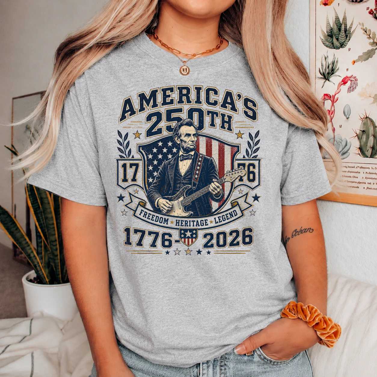 America 250 Varsity T-Shirt Patriotic Lincoln Guitar Celebration 1776-2026 Collegiate Heritage Graphic Tee