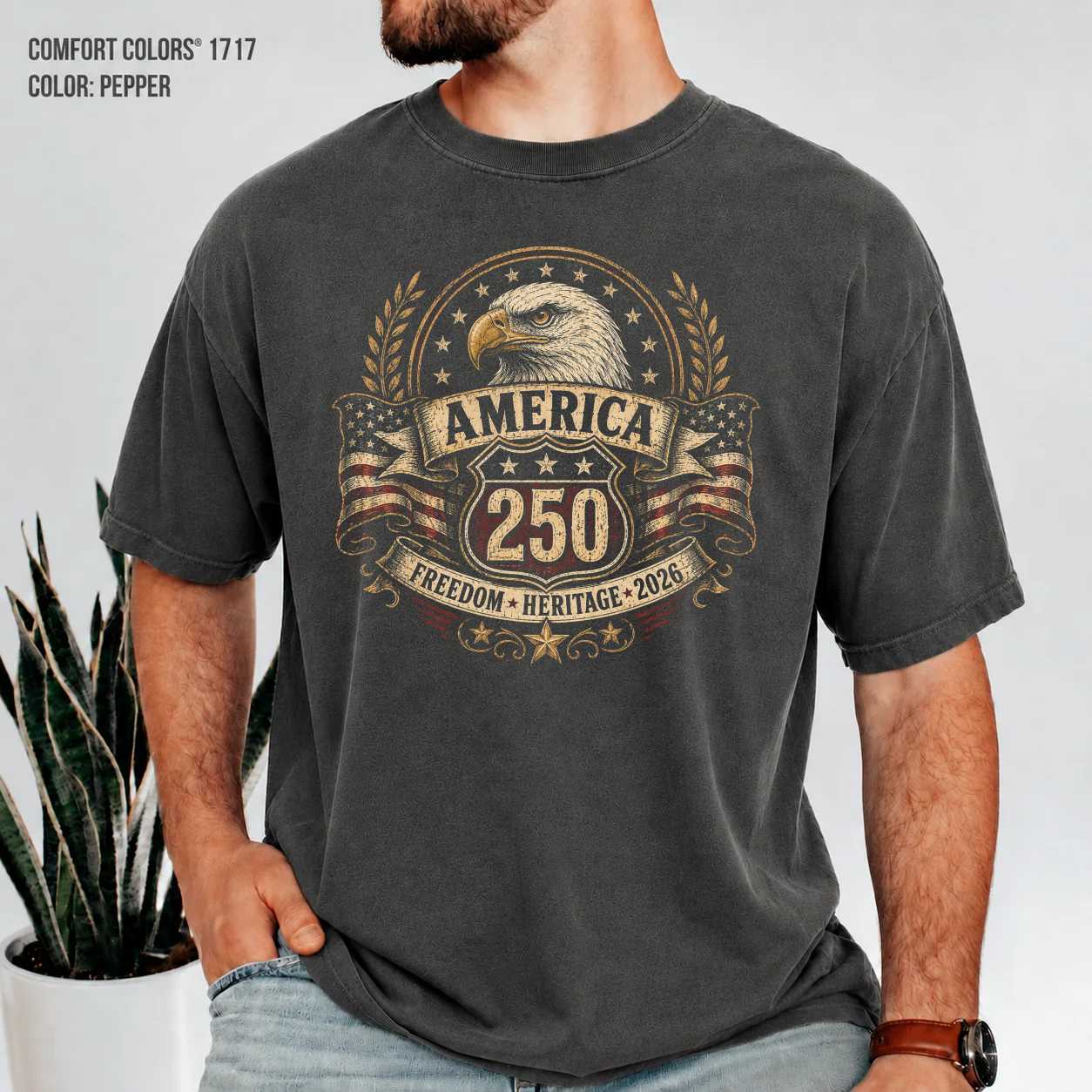 America 250 Vintage Eagle Badge T-Shirt Patriotic Freedom Road Anniversary Graphic Tee for Men and Women