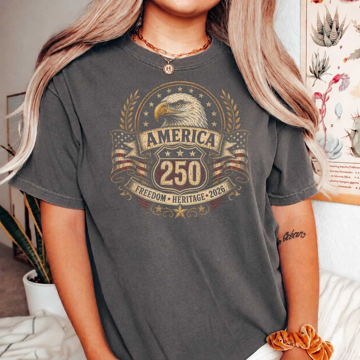 America 250 Vintage Eagle Badge T-Shirt Patriotic Freedom Road Anniversary Graphic Tee for Men and Women