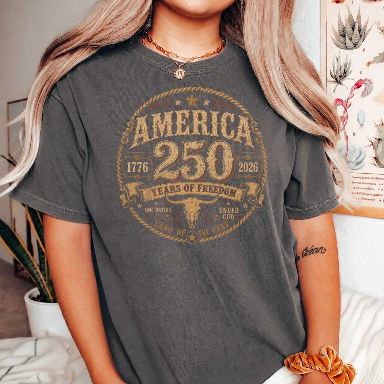 America 250 Western Shirt Rustic Freedom Anniversary 1776 2026 Patriotic Heritage Graphic T-Shirt
