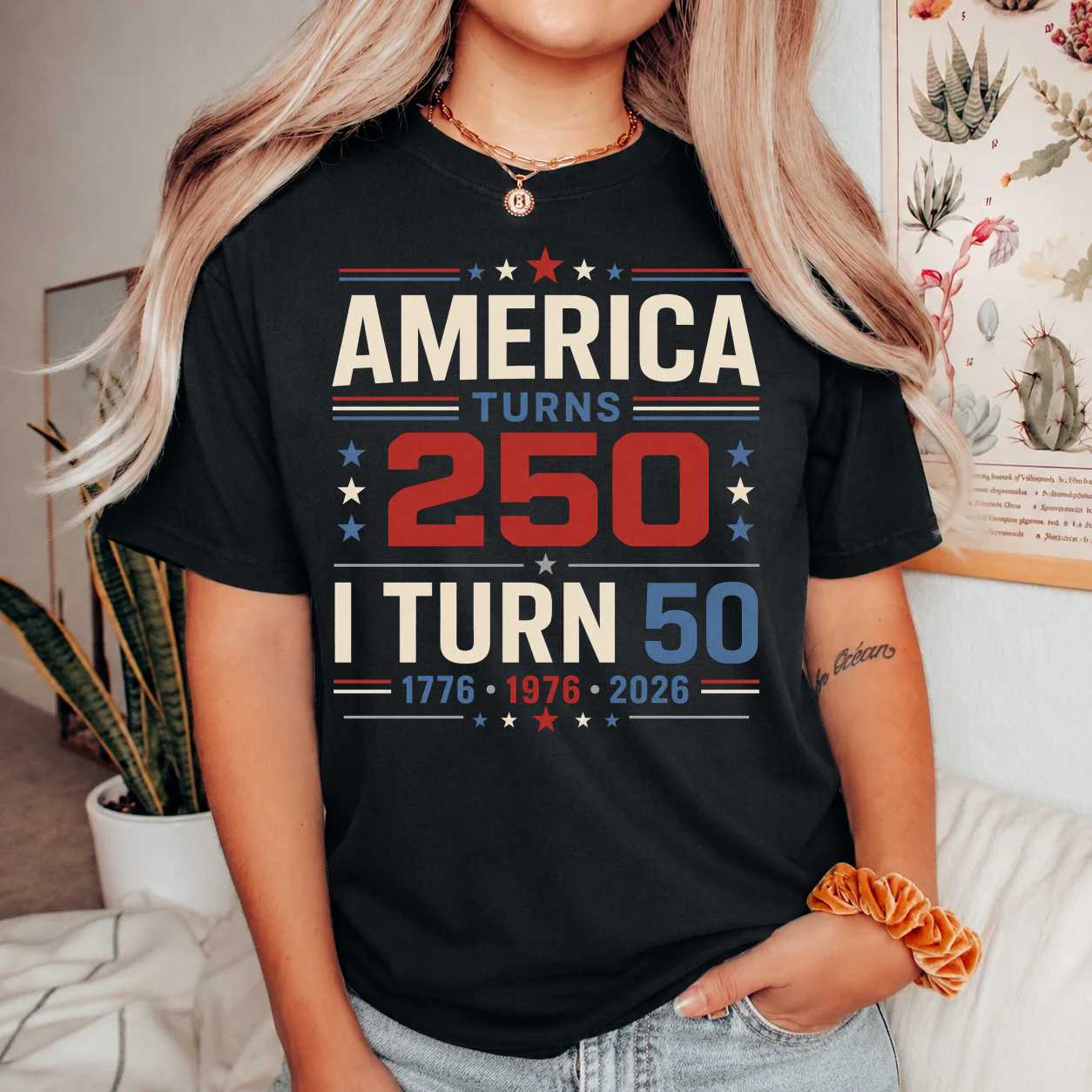 America Turns 250 I Turn 50 Modern Patriotic Typography T-Shirt for Adults Born in 1976 USA Birthday Tee