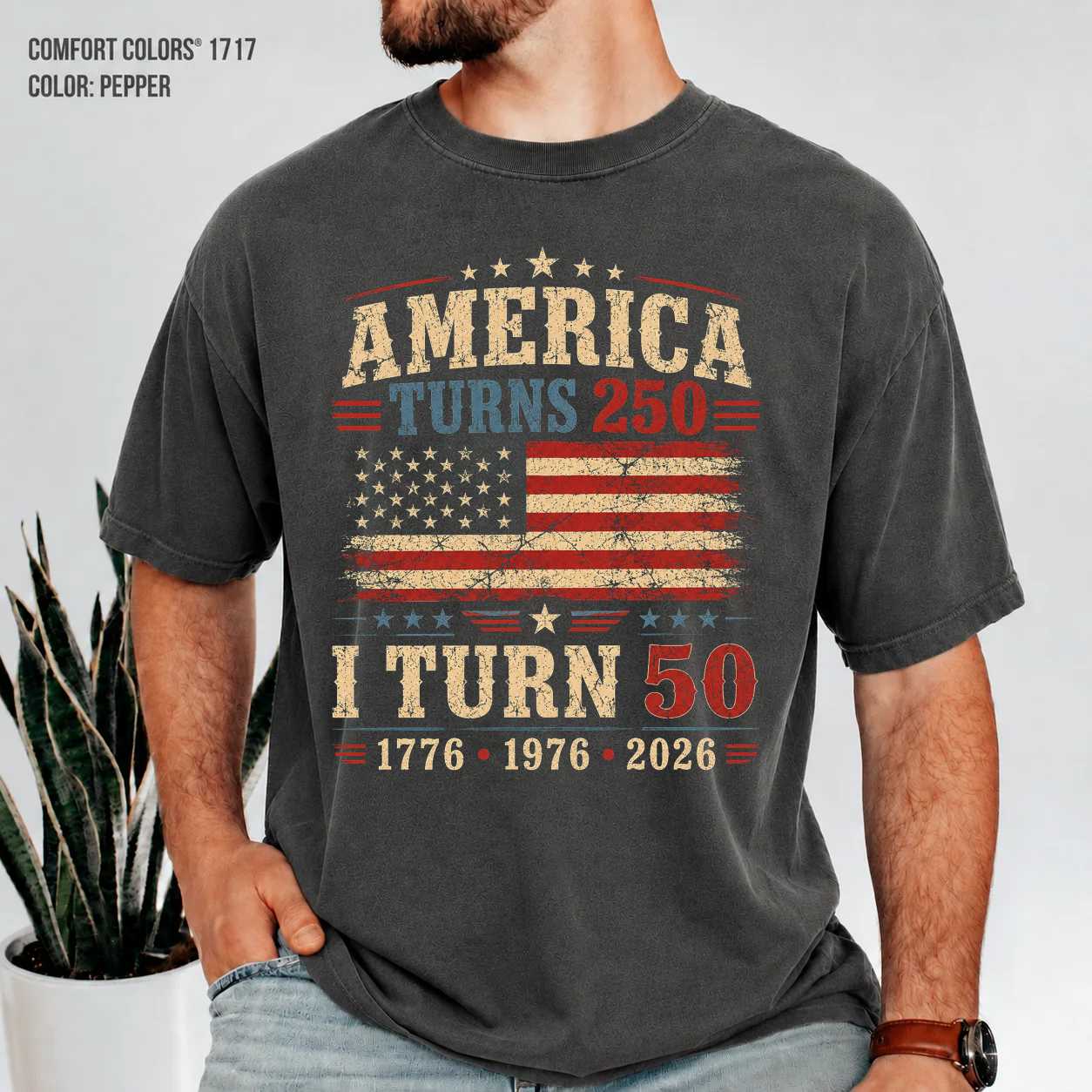 America Turns 250 I Turn 50 Vintage Patriotic Birthday T-Shirt for Adults Born in 1976 Heritage USA Celebration Tee