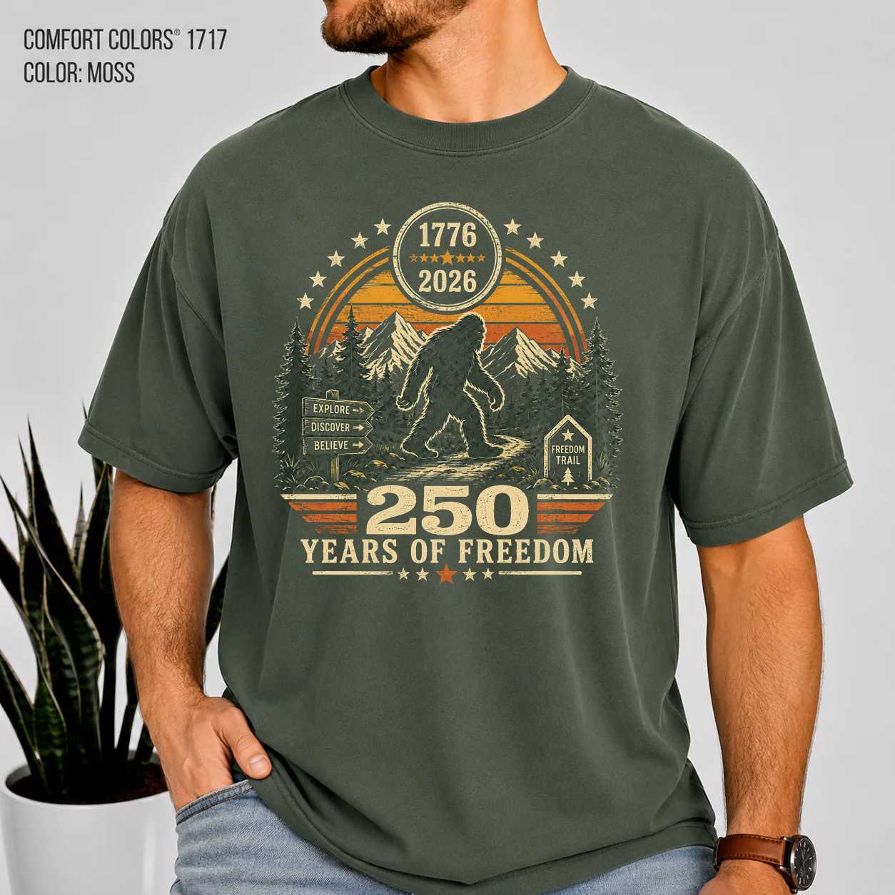 Bigfoot Camping T-Shirt America 250 Freedom Trail Outdoor Adventure Sasquatch Graphic Tee