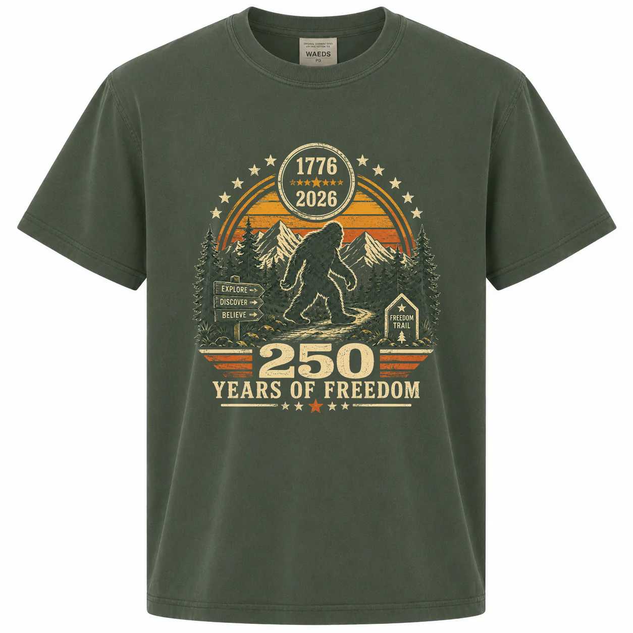 Bigfoot Camping T-Shirt America 250 Freedom Trail Outdoor Adventure Sasquatch Graphic Tee