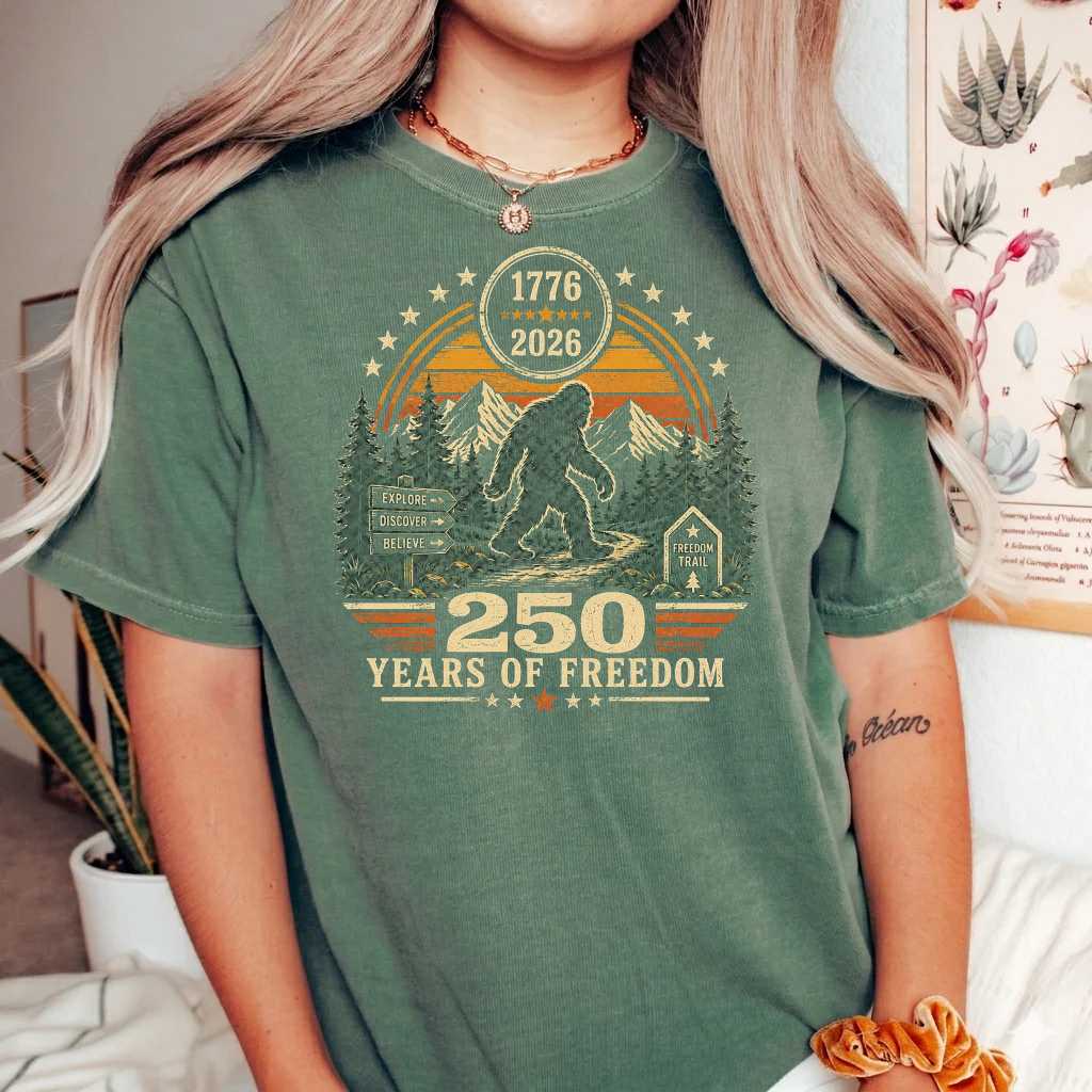 Bigfoot Camping T-Shirt America 250 Freedom Trail Outdoor Adventure Sasquatch Graphic Tee
