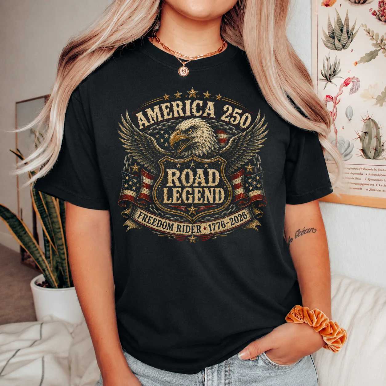 Biker Eagle Road Legend T-Shirt America 250 Patriotic Freedom Rider Graphic Tee for Men and Women