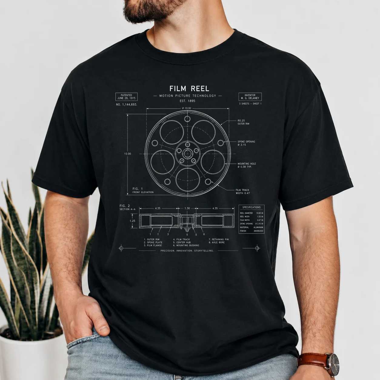 Blueprint Film Reel T-Shirt Minimal Technical Cinema Design for Movie and Media Enthusiasts