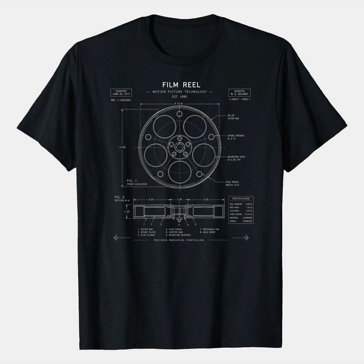 Blueprint Film Reel T-Shirt Minimal Technical Cinema Design for Movie and Media Enthusiasts