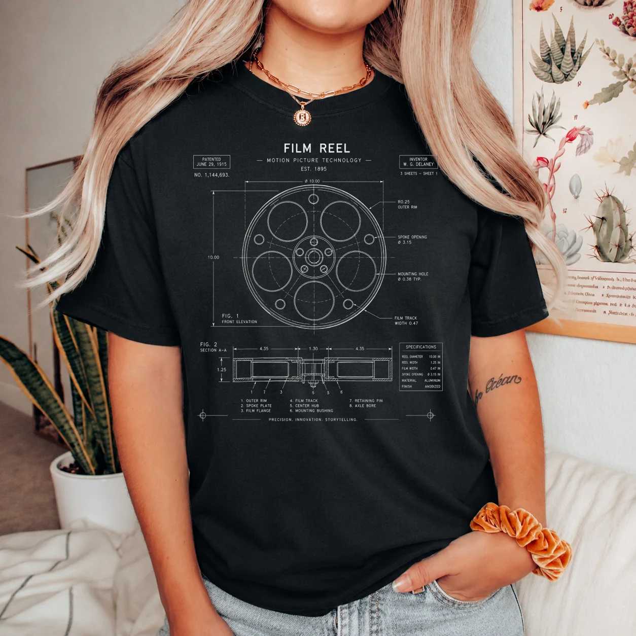 Blueprint Film Reel T-Shirt Minimal Technical Cinema Design for Movie and Media Enthusiasts