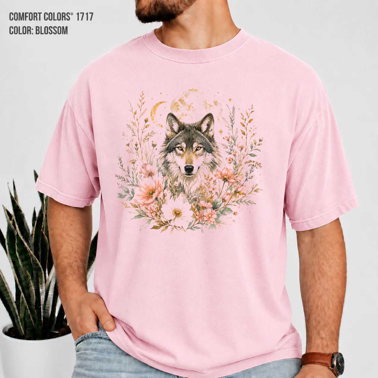 Boho Watercolor Wolf Floral Graphic T-Shirt for Women, Wildflower Nature Art Tee
