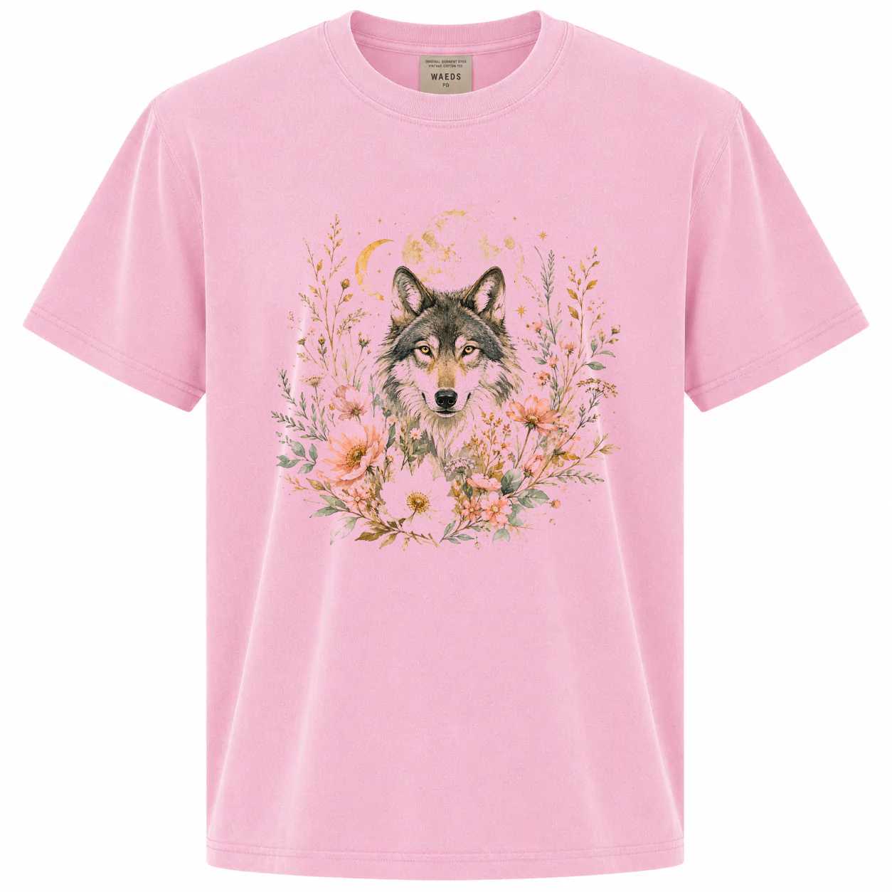 Boho Watercolor Wolf Floral Graphic T-Shirt for Women, Wildflower Nature Art Tee