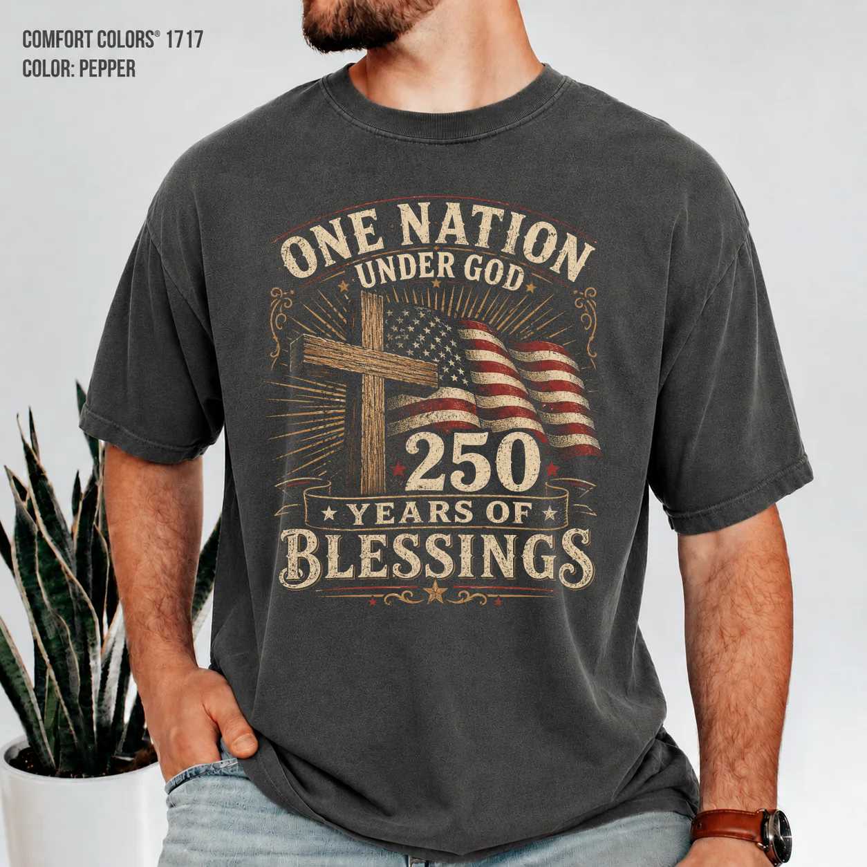 Christian Patriotic Shirt One Nation Under God 250 Years of Blessings Vintage Americana Graphic T-Shirt