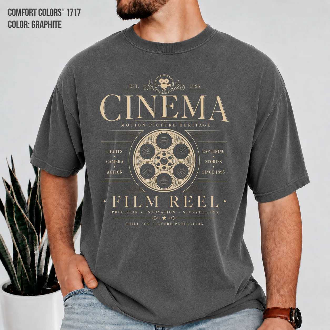 Cinema Lover T-Shirt Elegant Film Reel Typography Graphic Inspired by Movie History