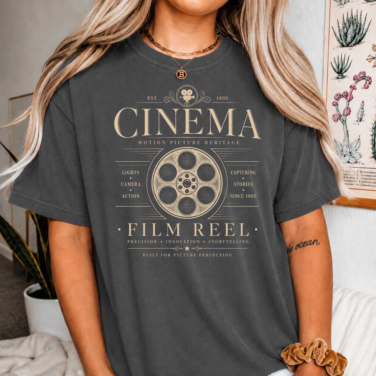 Cinema Lover T-Shirt Elegant Film Reel Typography Graphic Inspired by Movie History