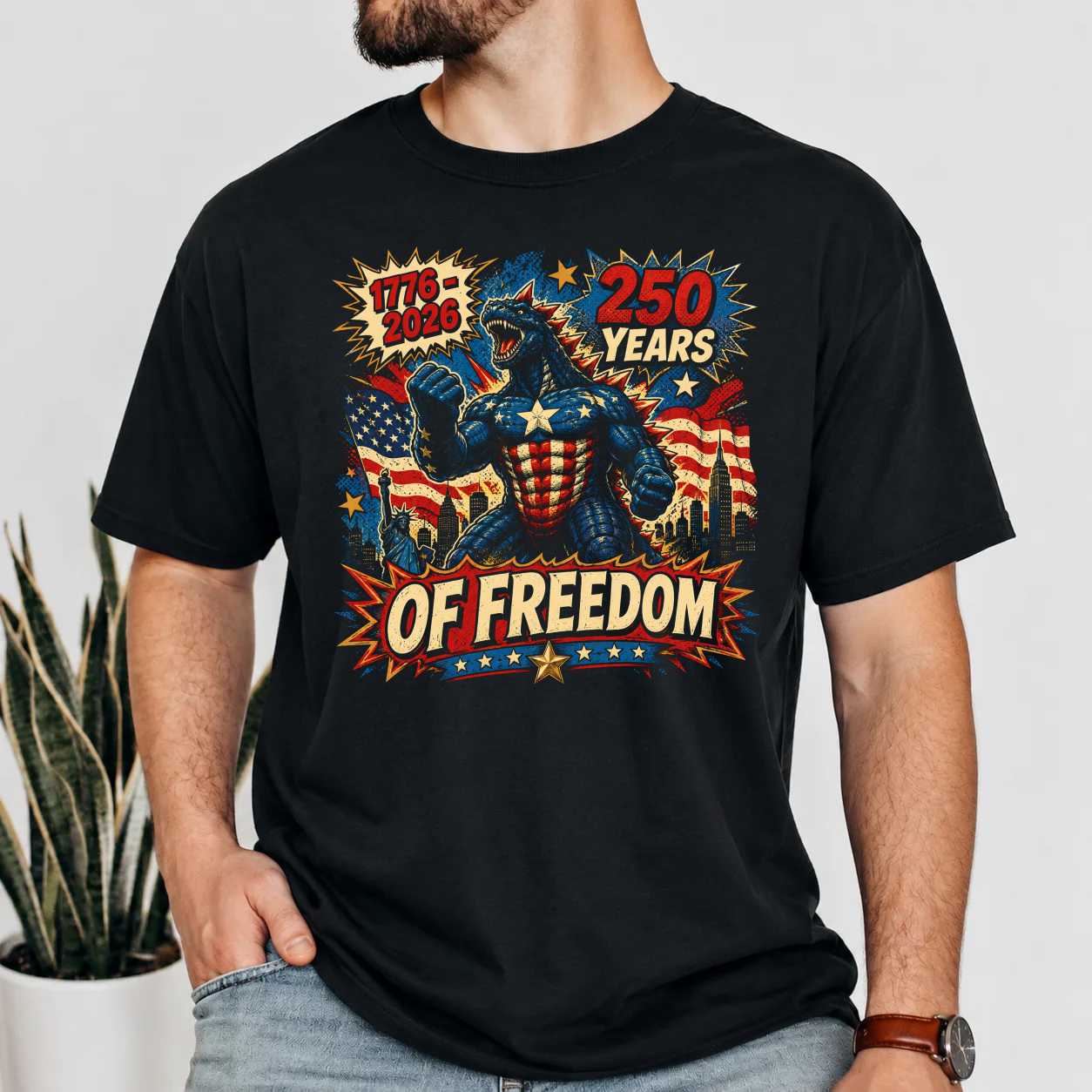 Comic Patriotic Monster T-Shirt 250 Years of Freedom 1776 2026 Independence Day Pop Art Graphic Tee