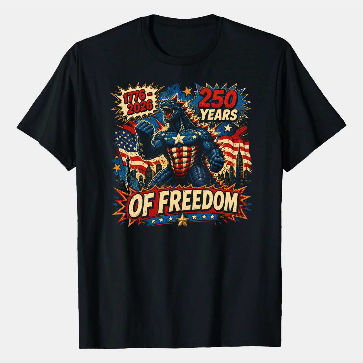 Comic Patriotic Monster T-Shirt 250 Years of Freedom 1776 2026 Independence Day Pop Art Graphic Tee