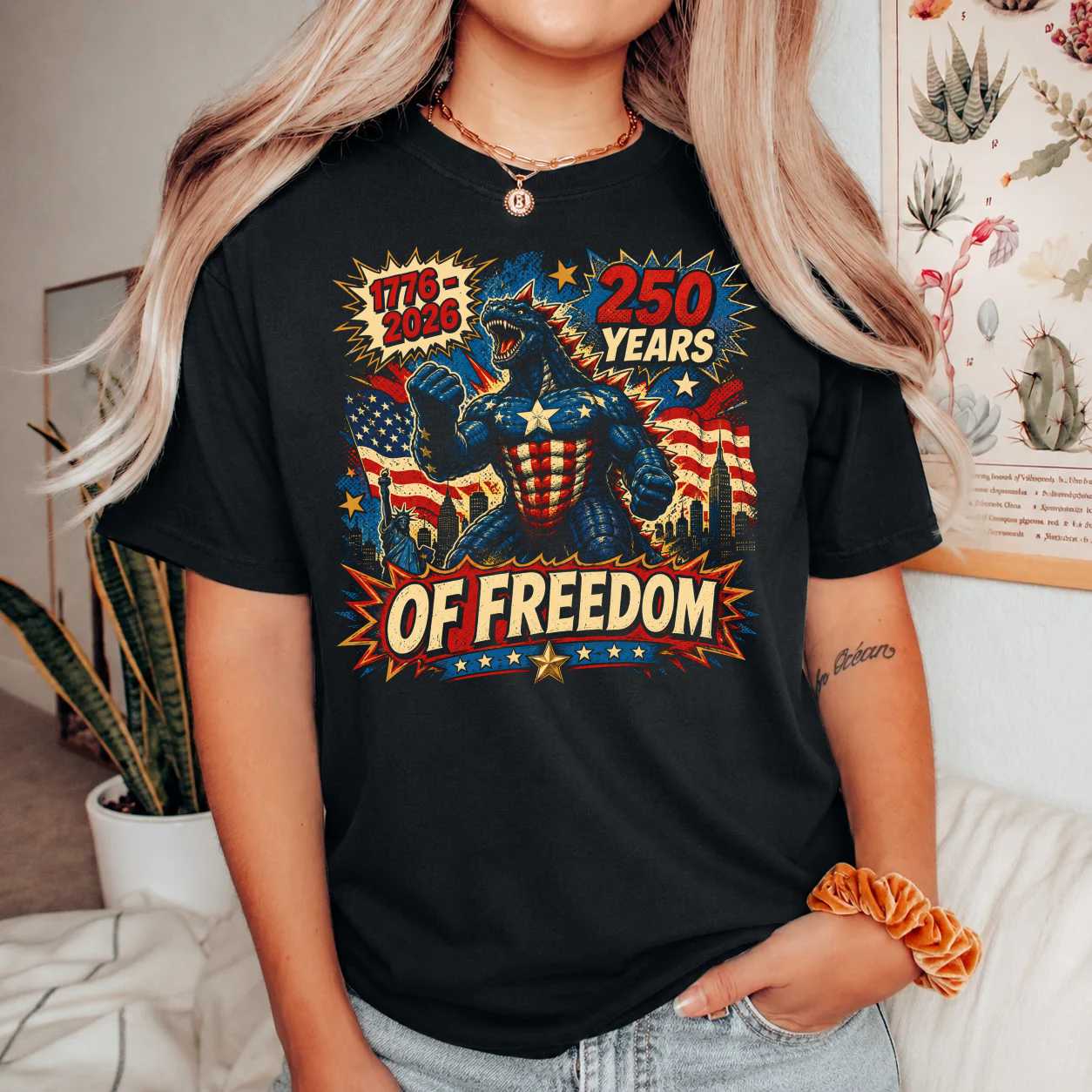 Comic Patriotic Monster T-Shirt 250 Years of Freedom 1776 2026 Independence Day Pop Art Graphic Tee